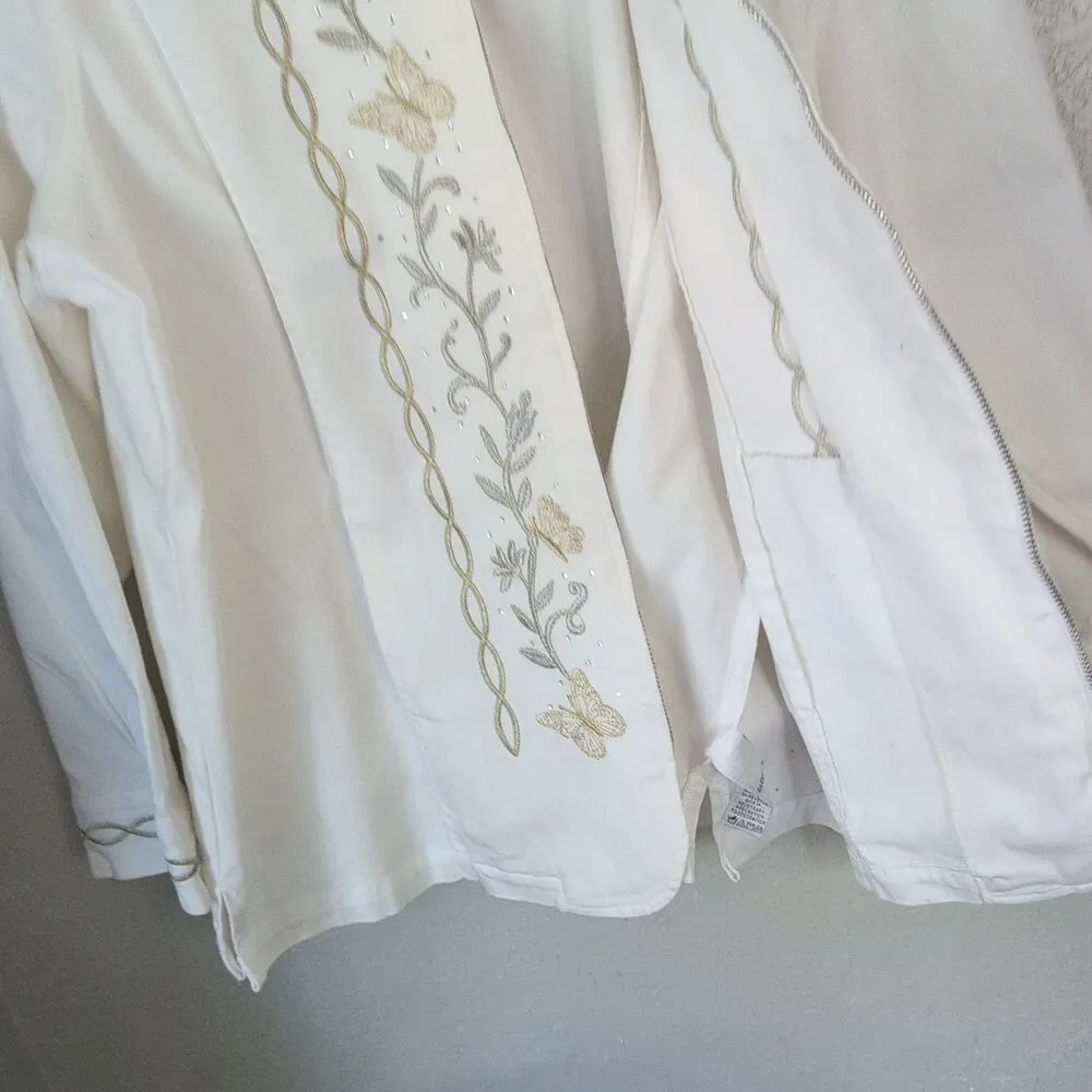Embroidered Bead Denim Jacket XL White Gold Silver Butterfly Whimsy Boho Fairy